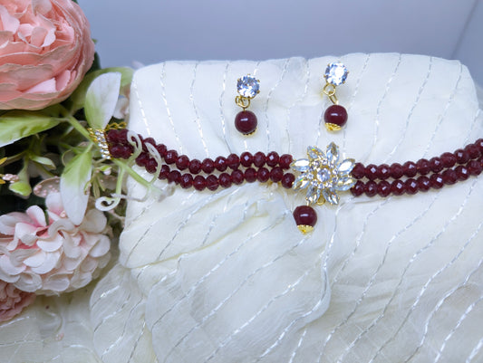 Elegant Black Crystal Choker Set with Floral Centerpiece & Earrings