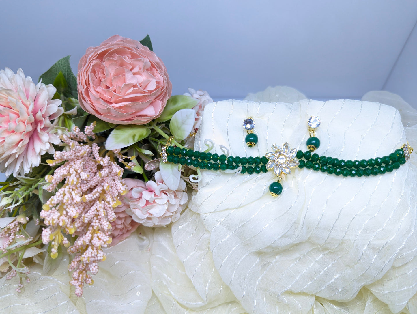 Elegant Black Crystal Choker Set with Floral Centerpiece & Earrings