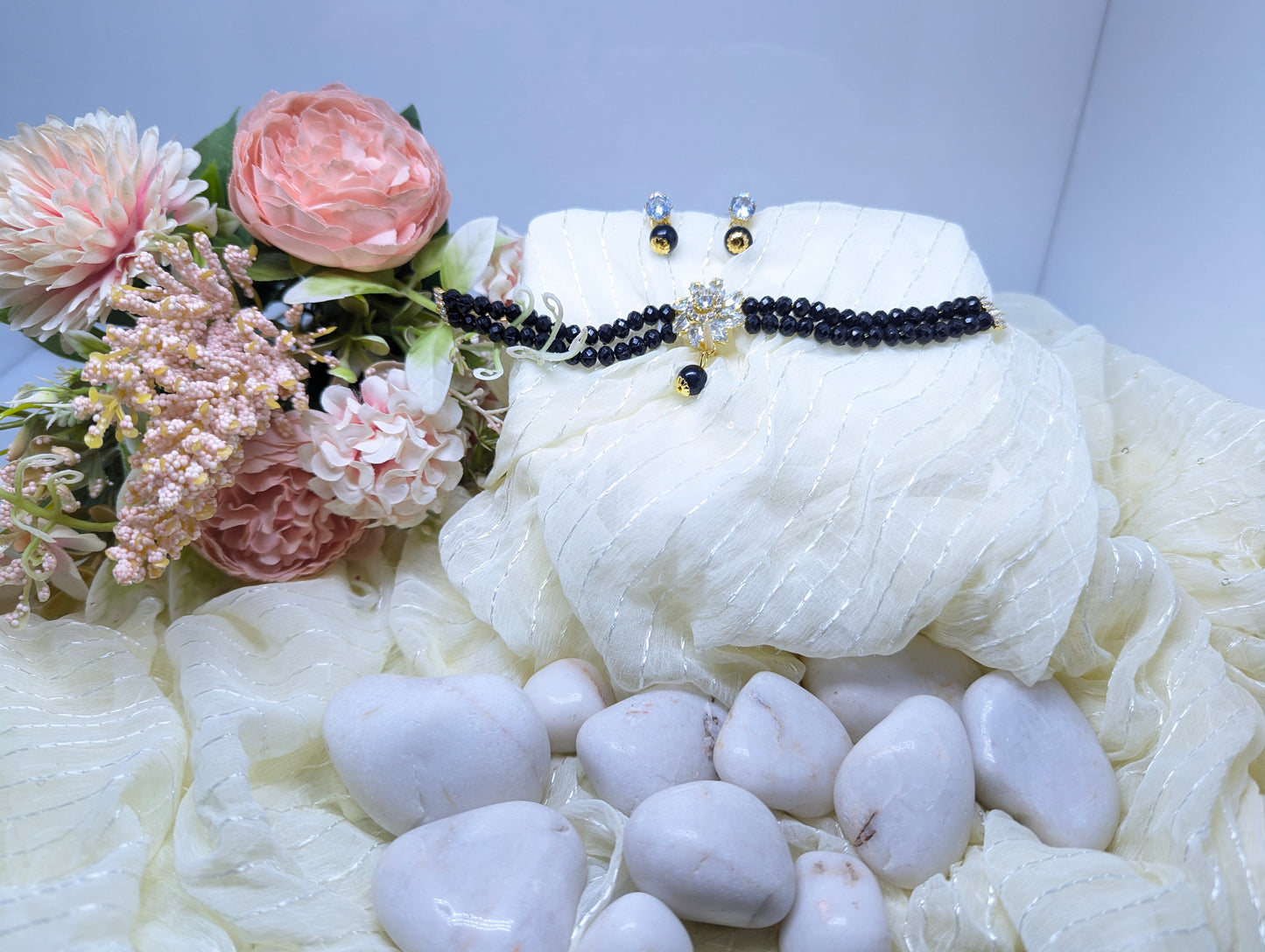 Elegant Black Crystal Choker Set with Floral Centerpiece & Earrings