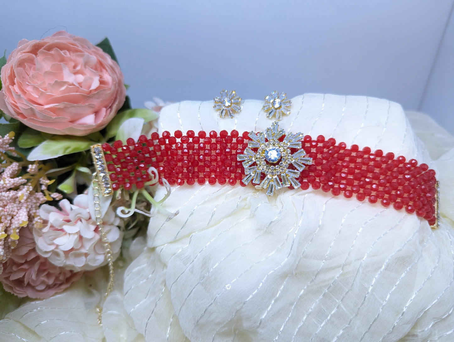 Pearl Choker Set with AD & Glass Stone Floral Centerpiece (White)