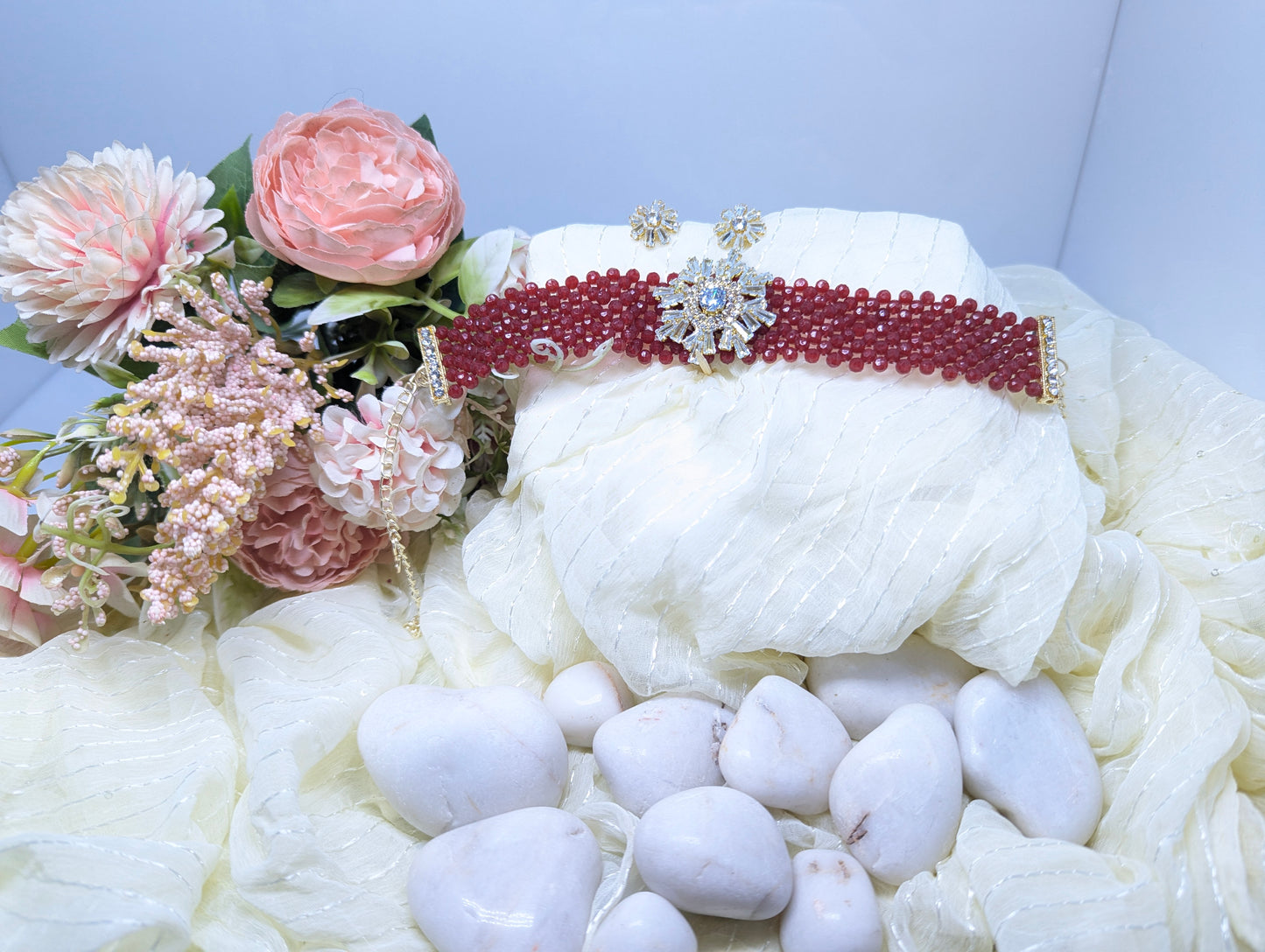 Pearl Choker Set with AD & Glass Stone Floral Centerpiece (White)