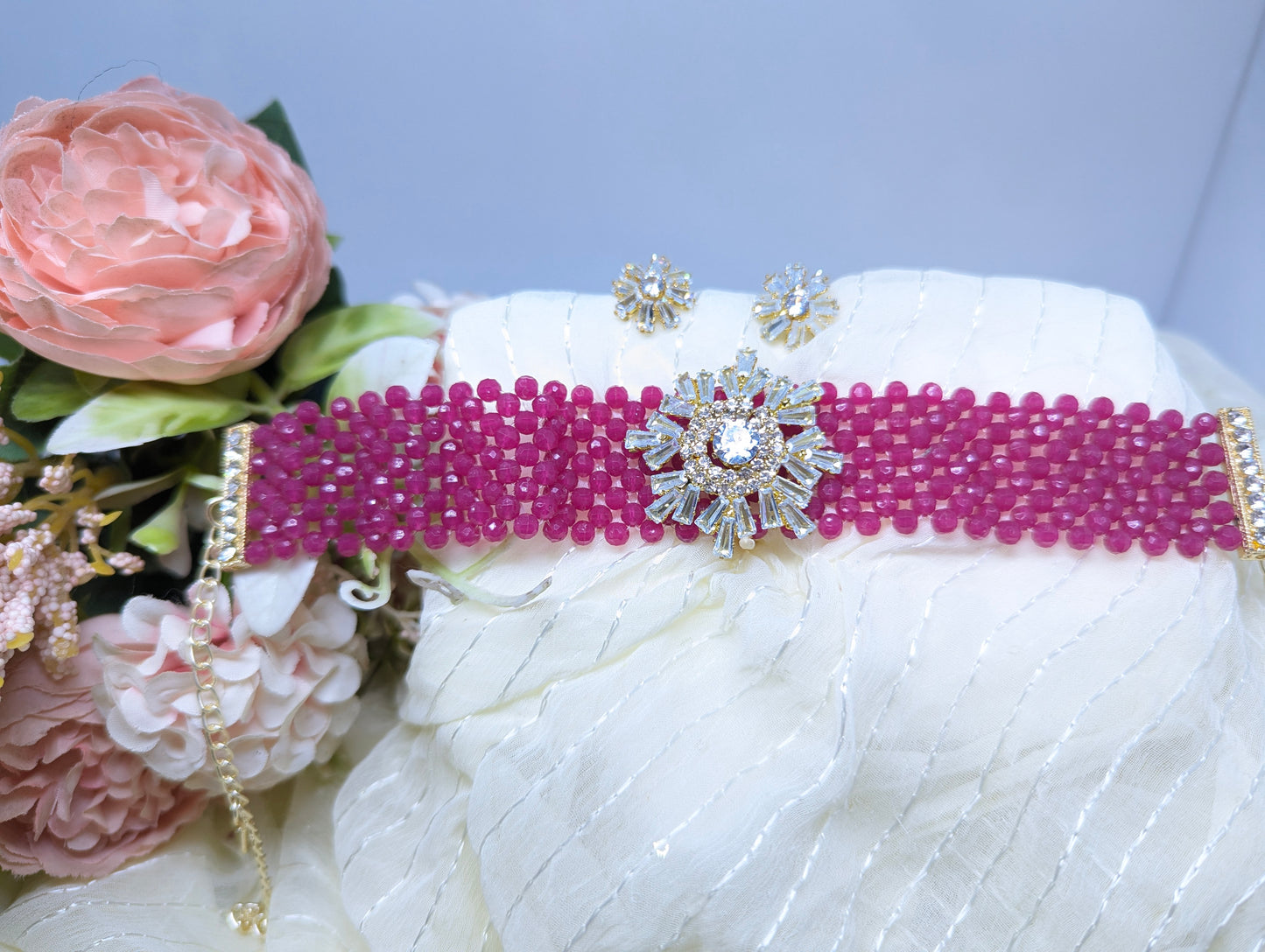 Pearl Choker Set with AD & Glass Stone Floral Centerpiece (White)