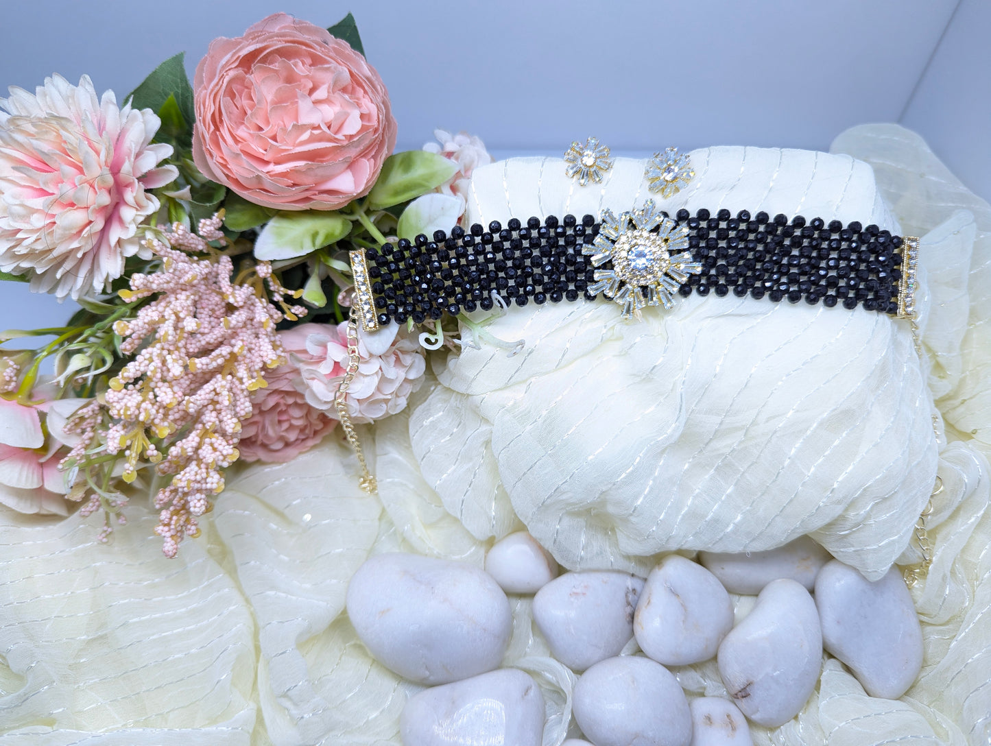 Pearl Choker Set with AD & Glass Stone Floral Centerpiece (White)