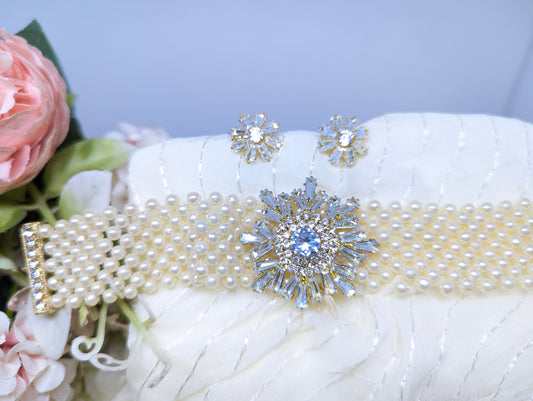 Pearl Choker Set with AD & Glass Stone Floral Centerpiece (White)
