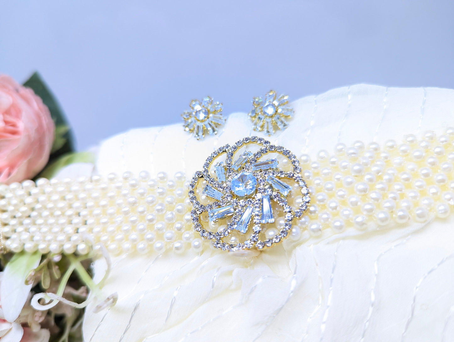 Pearl Choker Set with AD & Glass Stone Centerpiece