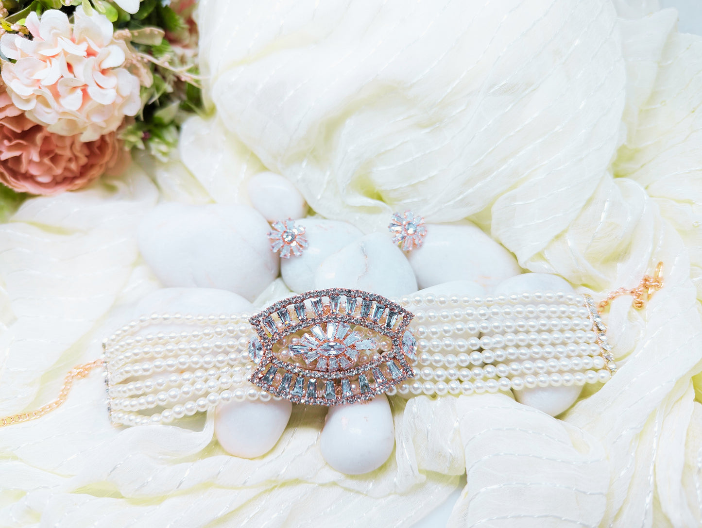 Pearl Choker Set with AD & Glass Stone Centerpiece