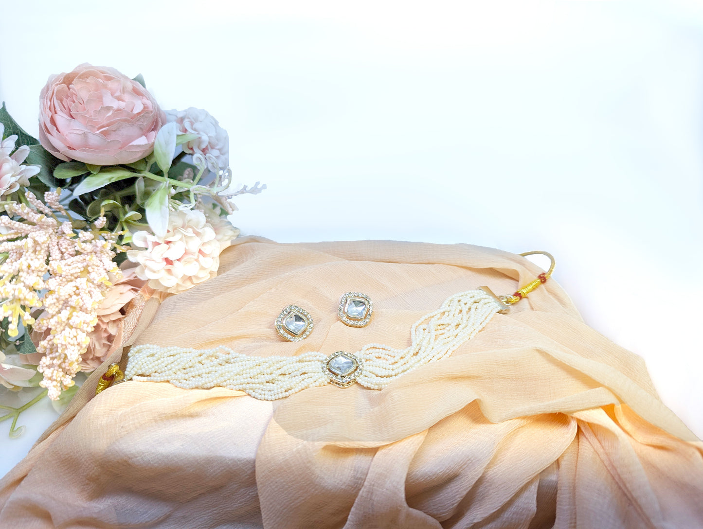 Elegant Pearl & Glass Kundan Jewelry Set