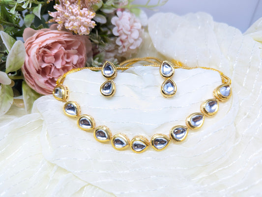 Timeless Kundan Teardrop Necklace Set with Meenakari work in Gold Finish