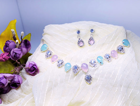 Elegant Pastel Korean Necklace & Earring Set with Sparkling Crystals