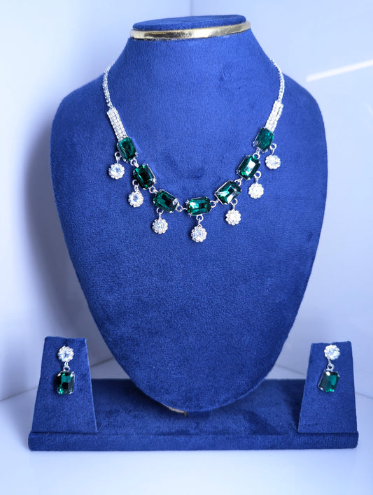 Royal Red Emerald-Cut Stone Korean Necklace Set with Sparkling Glass stones