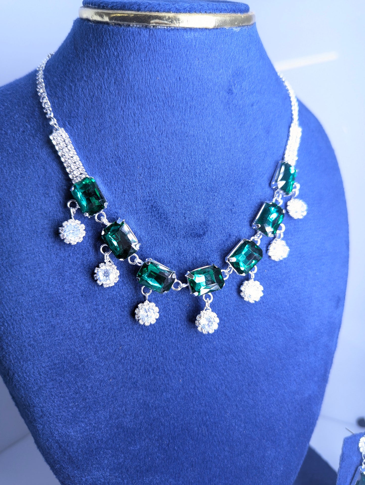 Royal Red Emerald-Cut Stone Korean Necklace Set with Sparkling Glass stones