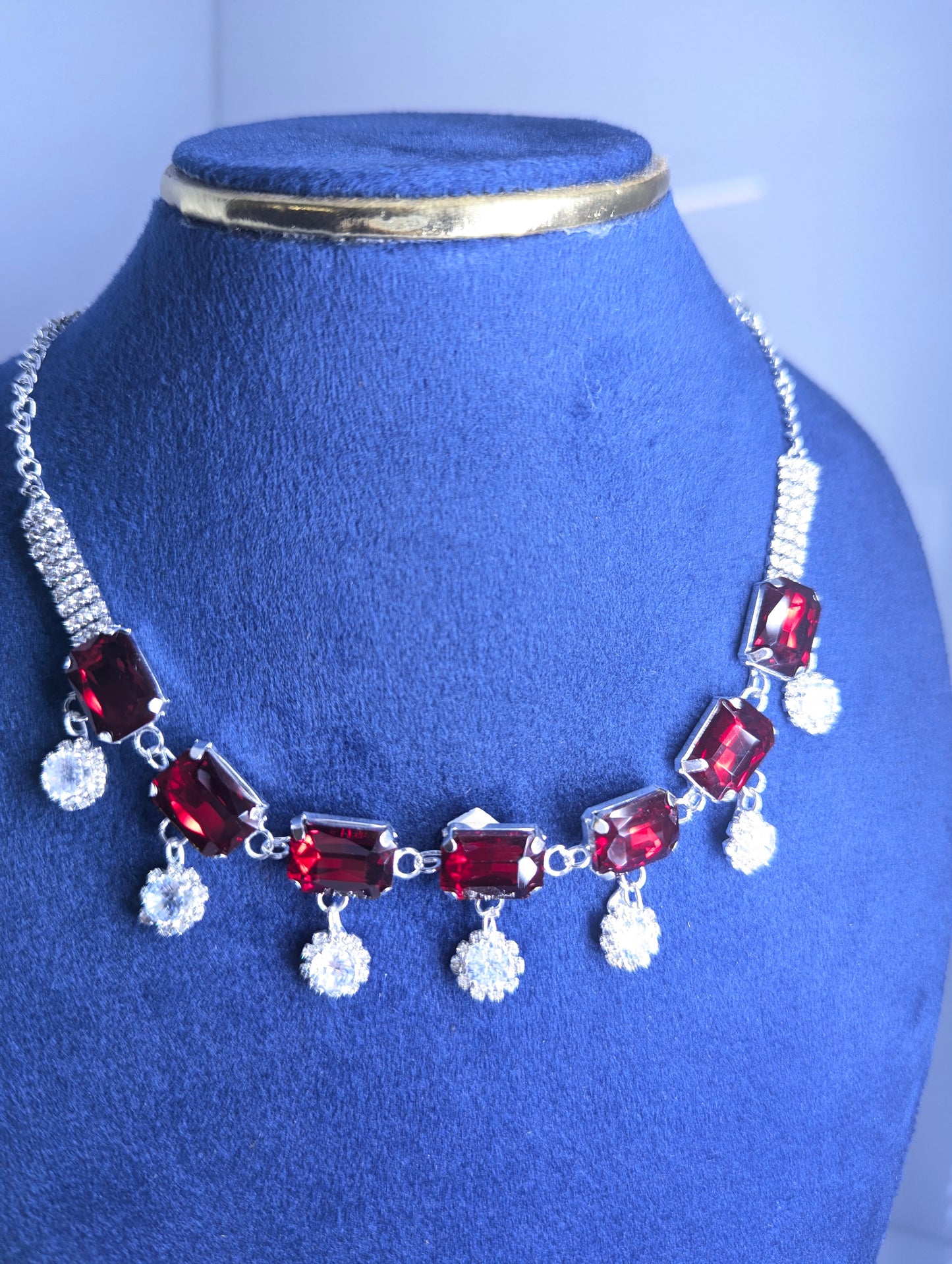 Royal Red Emerald-Cut Stone Korean Necklace Set with Sparkling Glass stones