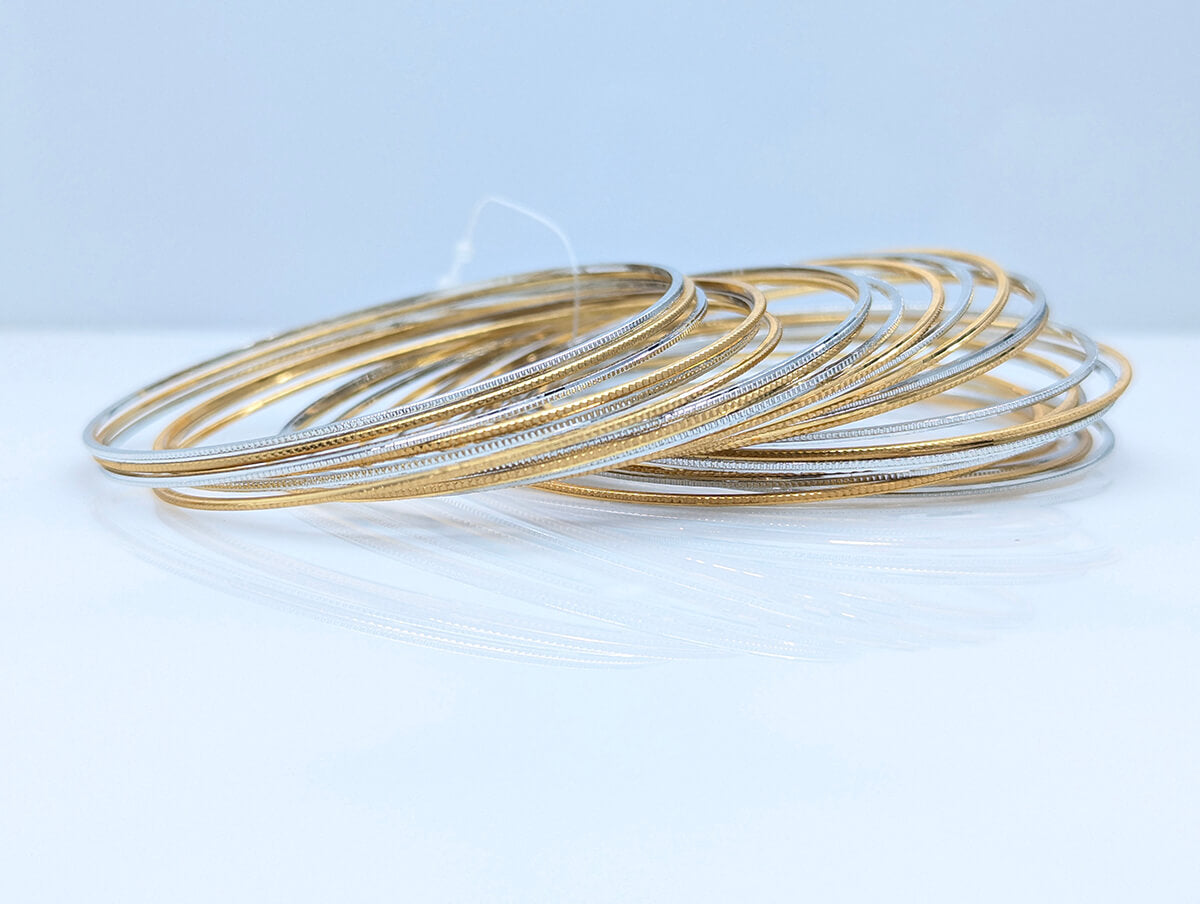 Slim Dual-Tone Stackable Bangle Set – Gold & Silver Textured Bangles