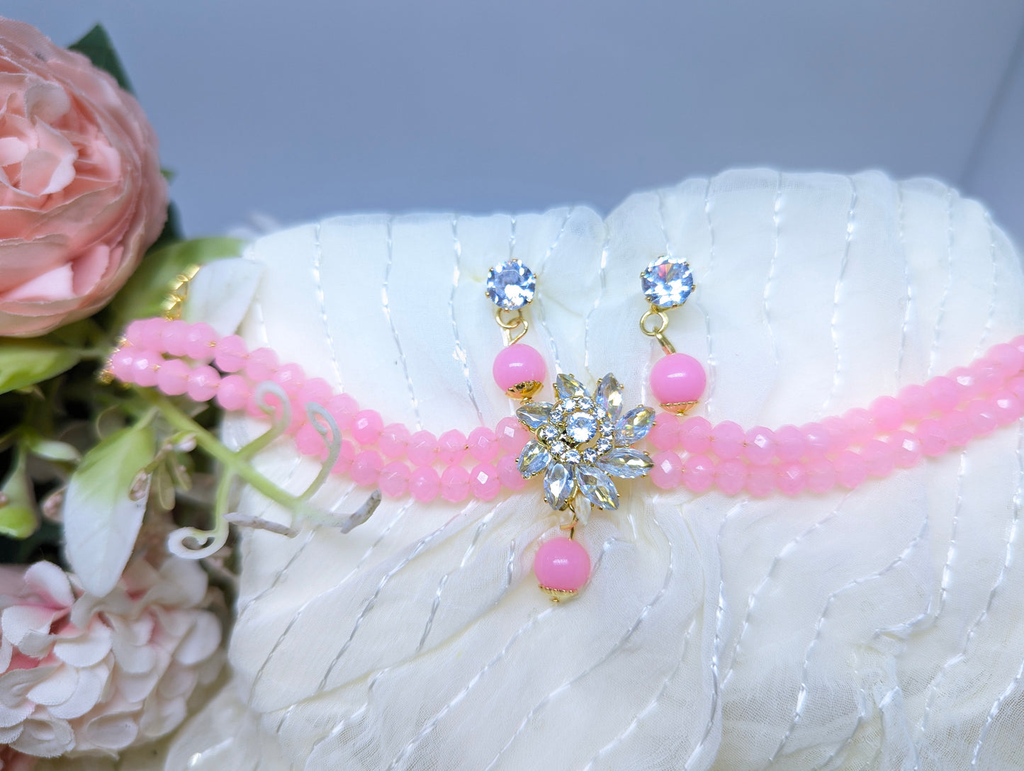 Elegant Black Crystal Choker Set with Floral Centerpiece & Earrings