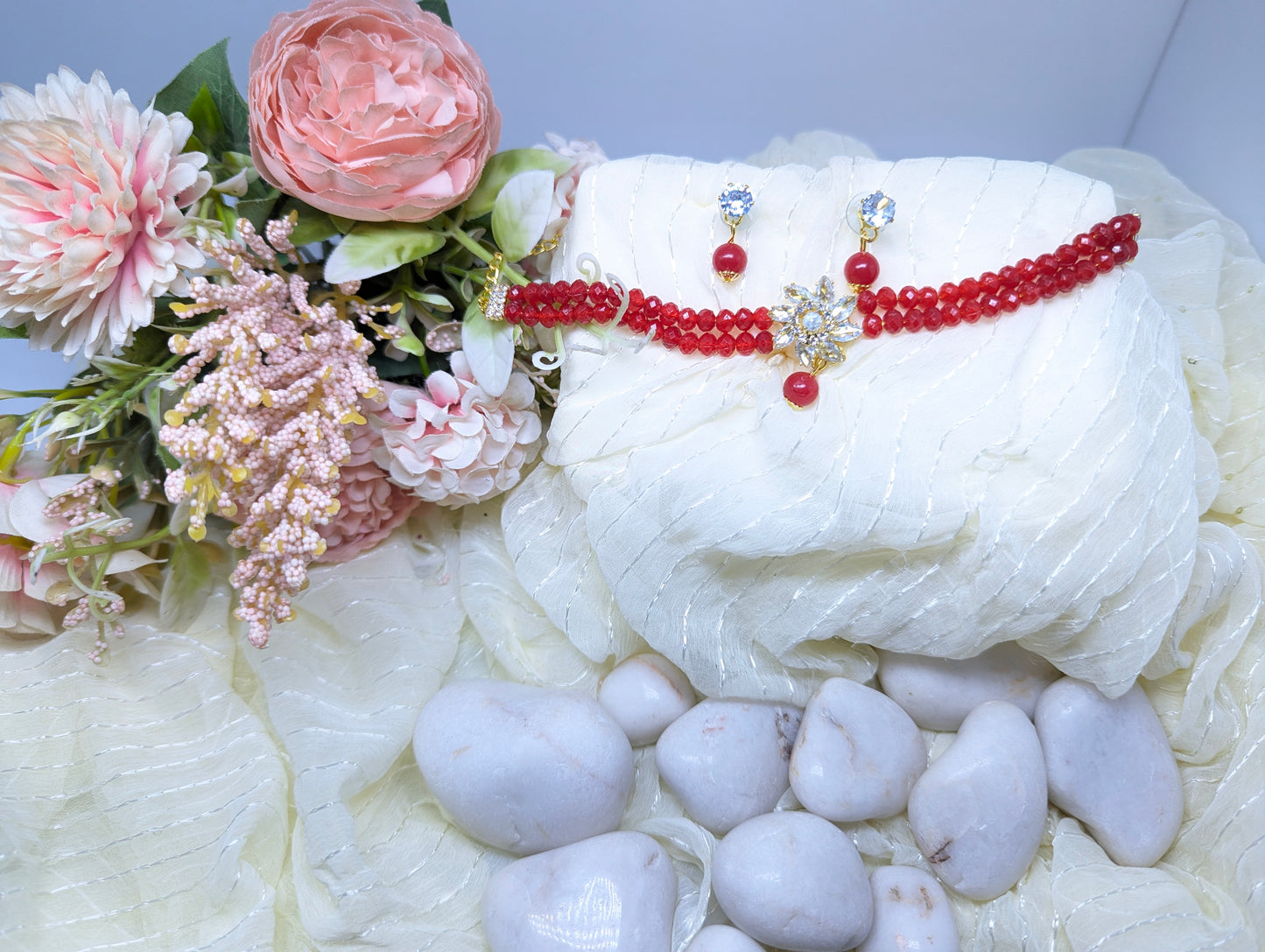 Elegant Black Crystal Choker Set with Floral Centerpiece & Earrings