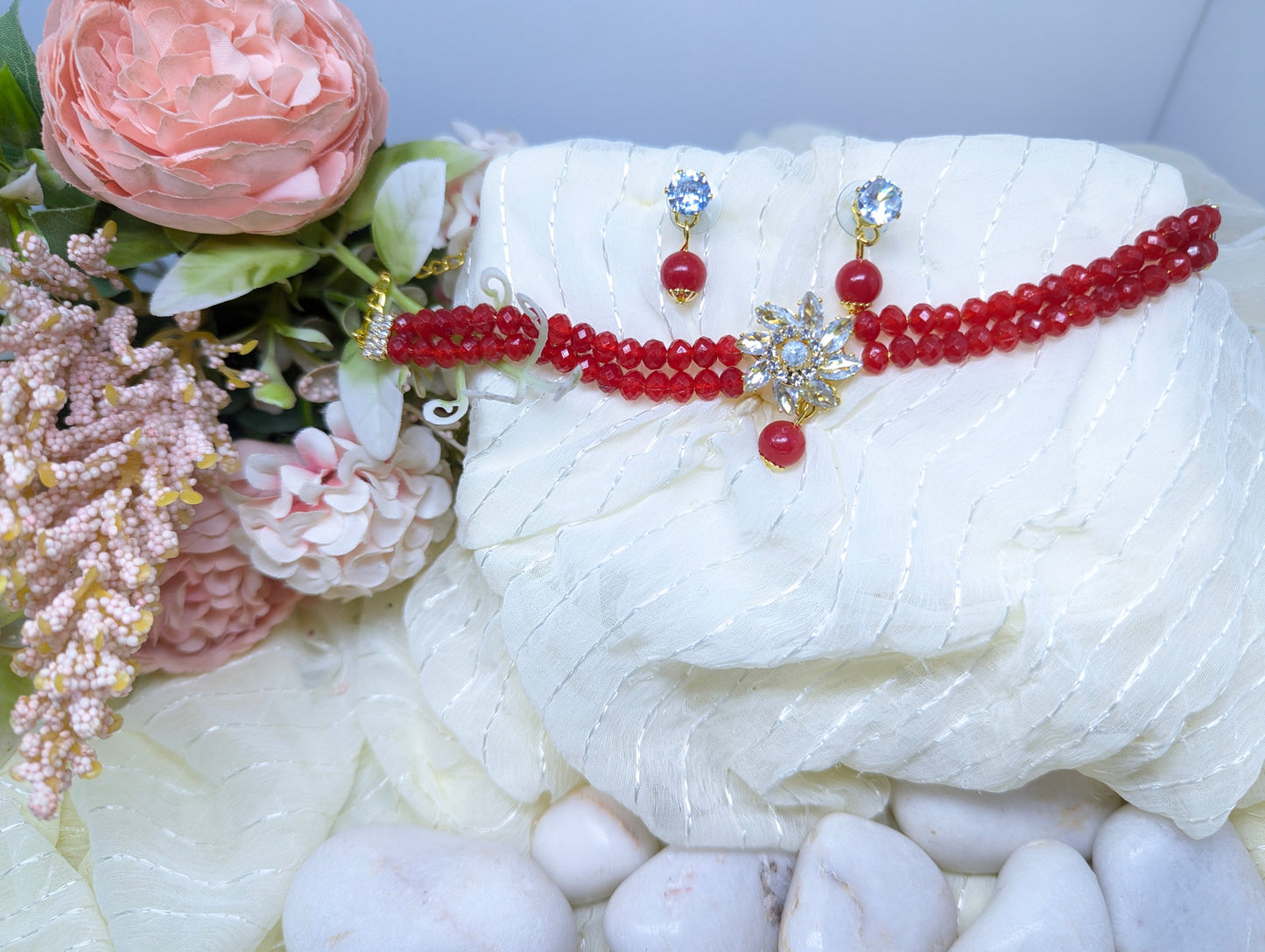 Elegant Black Crystal Choker Set with Floral Centerpiece & Earrings
