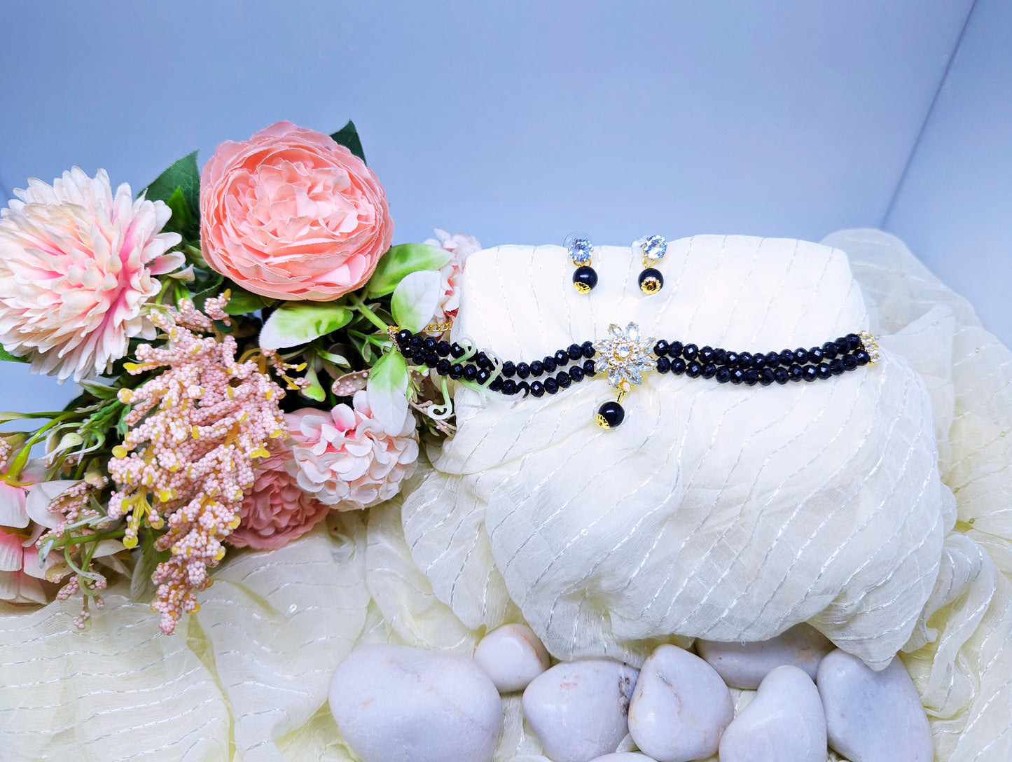 Elegant Black Crystal Choker Set with Floral Centerpiece & Earrings
