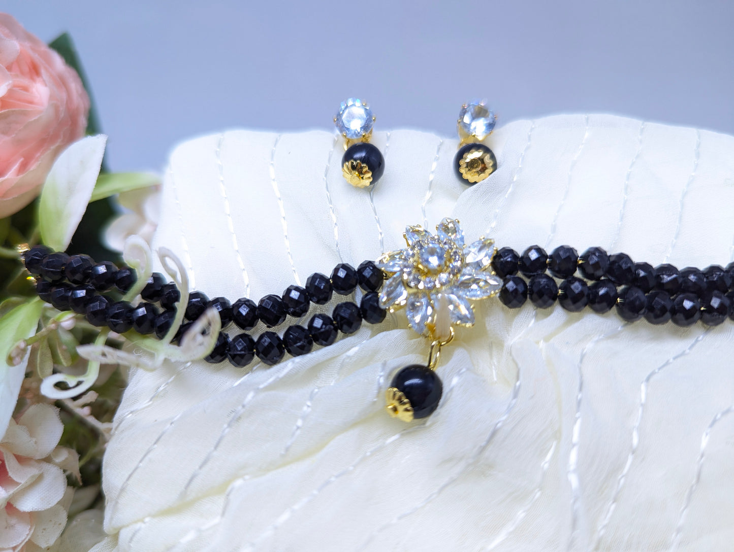 Elegant Black Crystal Choker Set with Floral Centerpiece & Earrings
