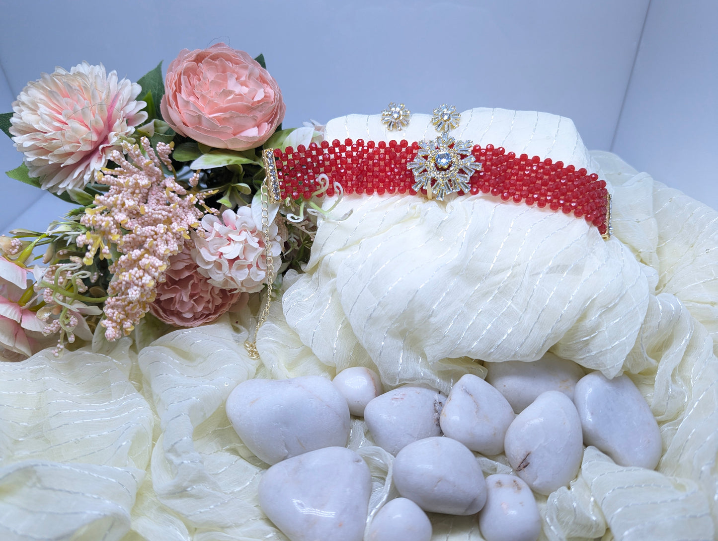 Pearl Choker Set with AD & Glass Stone Floral Centerpiece (White)