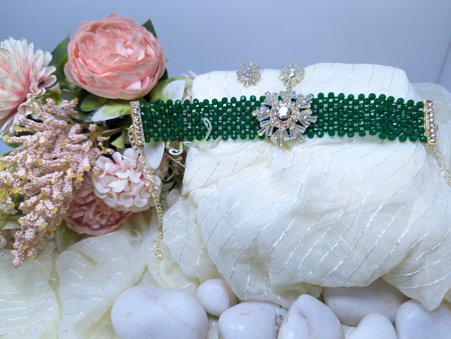 Pearl Choker Set with AD & Glass Stone Floral Centerpiece (White)