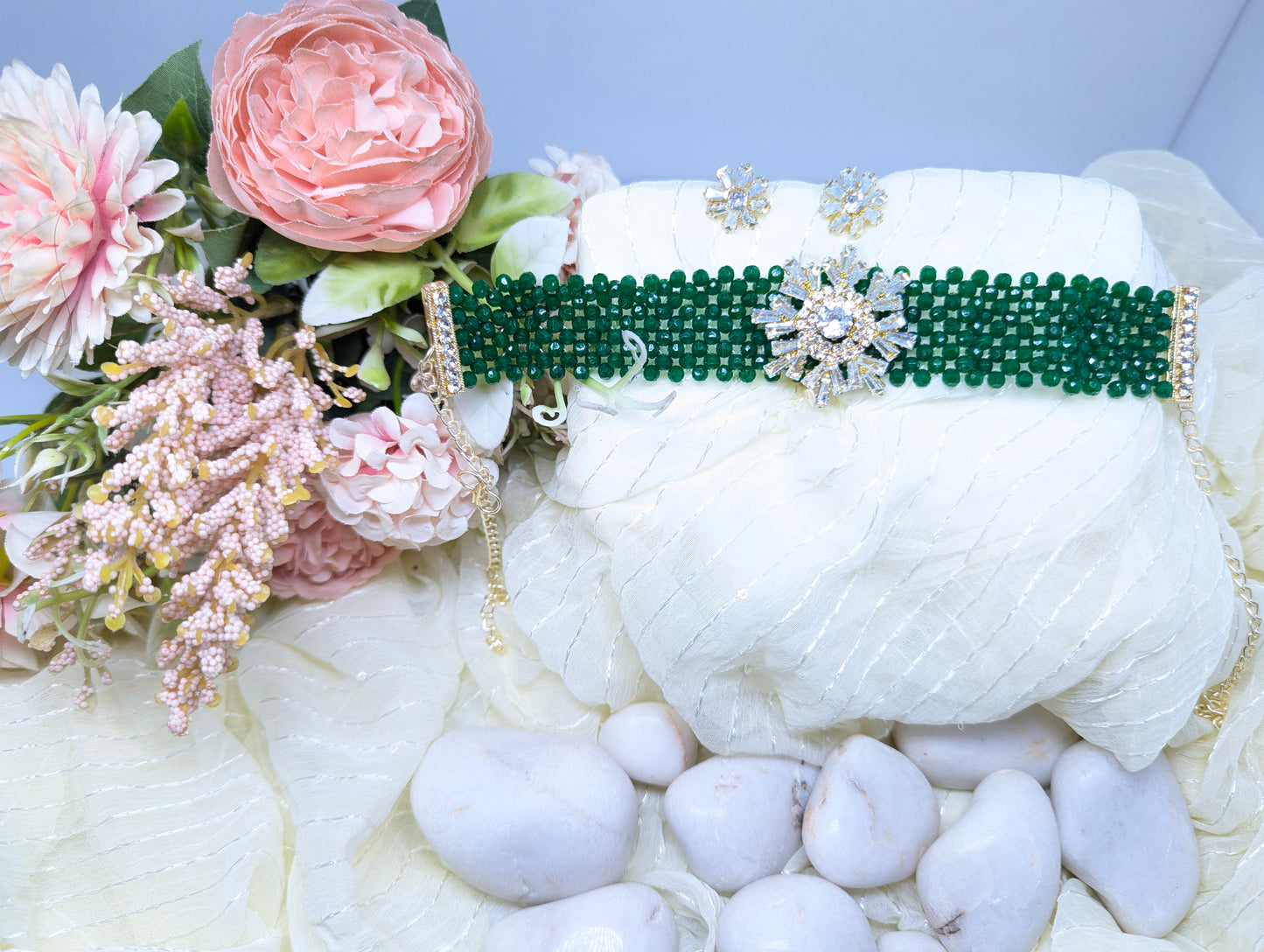 Pearl Choker Set with AD & Glass Stone Floral Centerpiece (White)