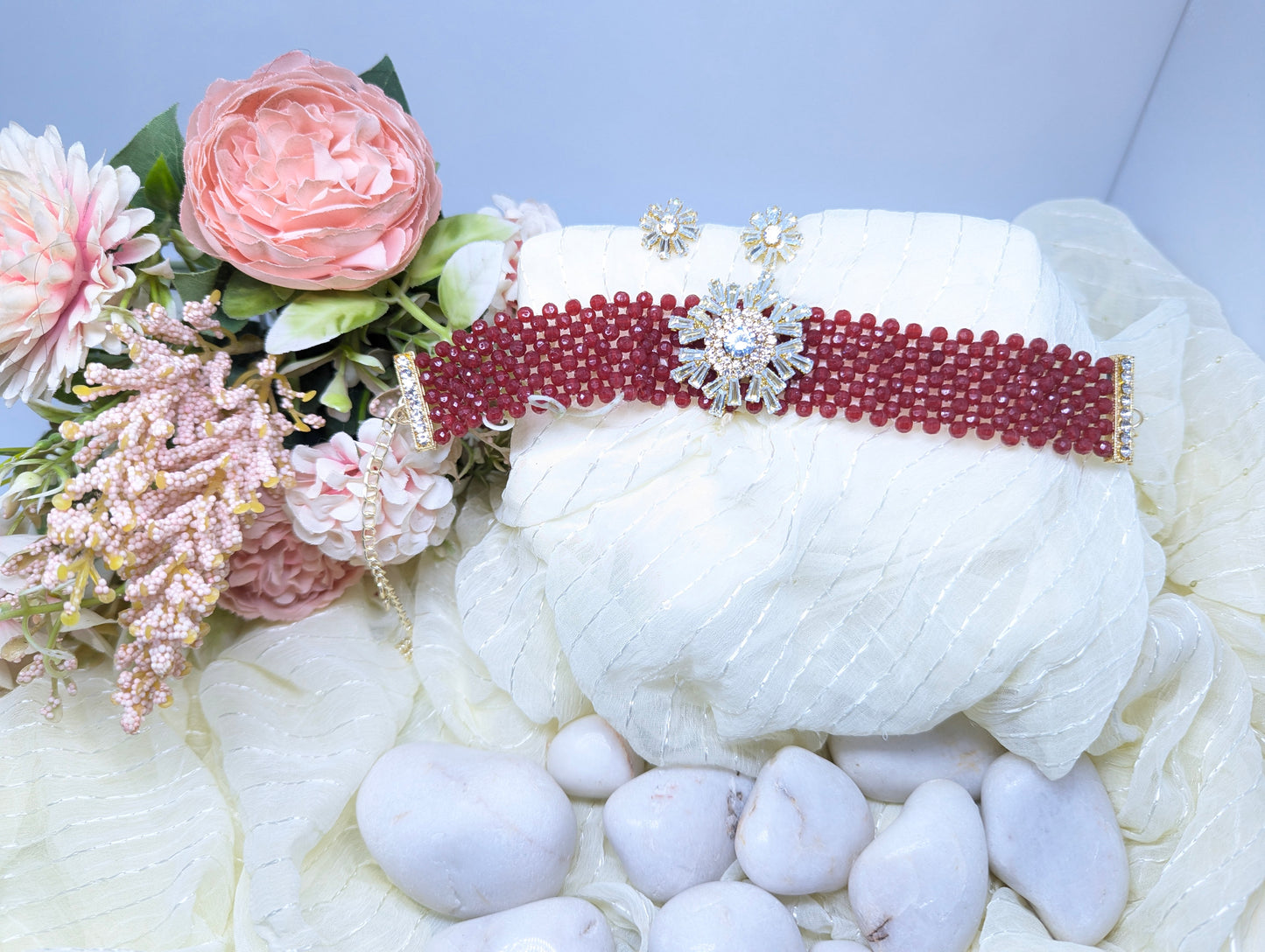 Pearl Choker Set with AD & Glass Stone Floral Centerpiece (White)