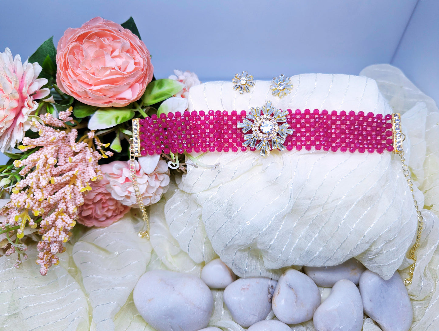 Pearl Choker Set with AD & Glass Stone Floral Centerpiece (White)