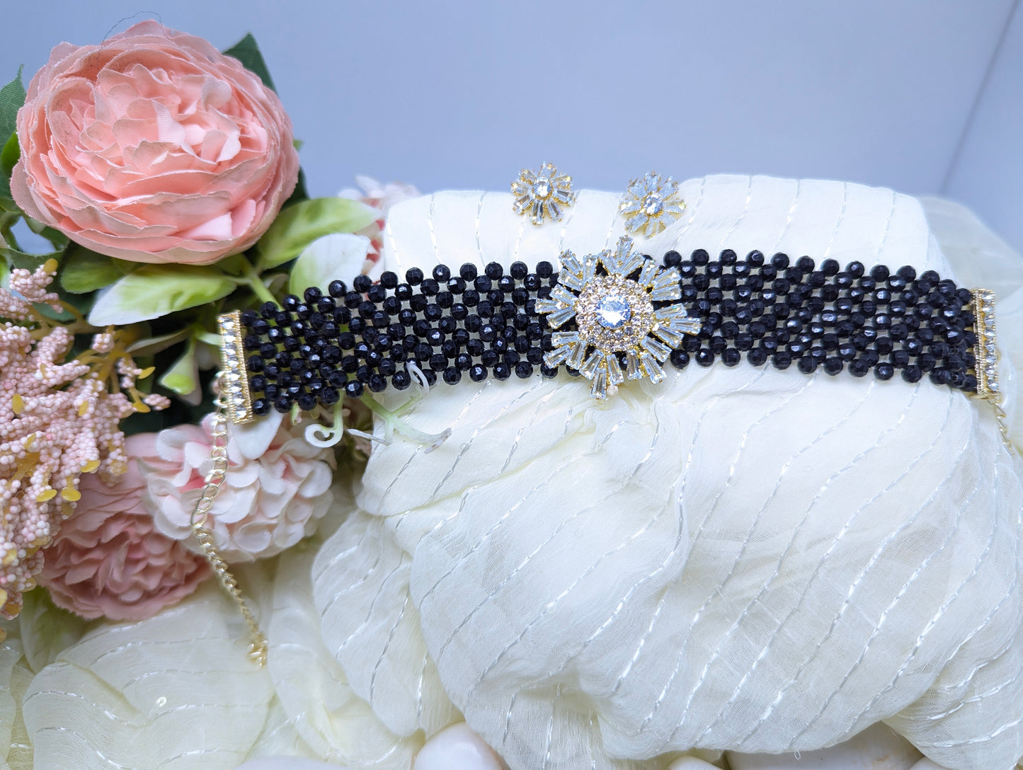 Pearl Choker Set with AD & Glass Stone Floral Centerpiece (White)