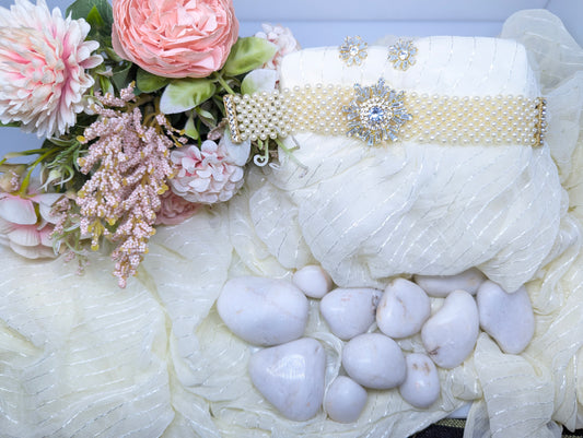 Pearl Choker Set with AD & Glass Stone Floral Centerpiece (White)