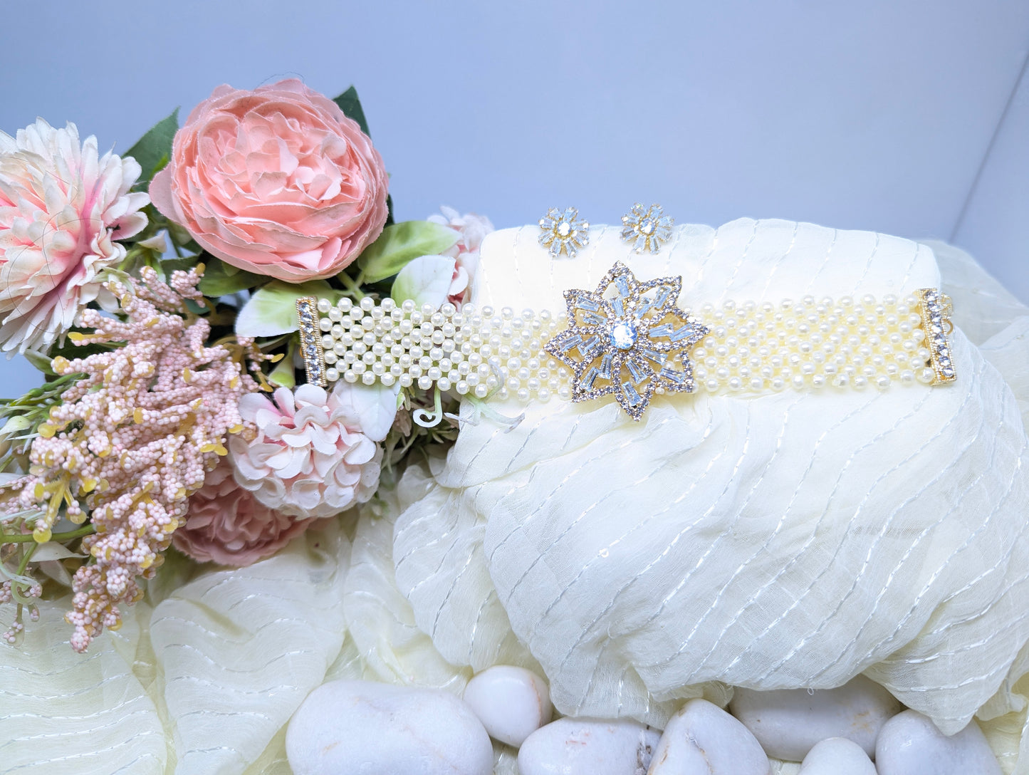 Pearl Choker Set with AD & Glass Stone Centerpiece