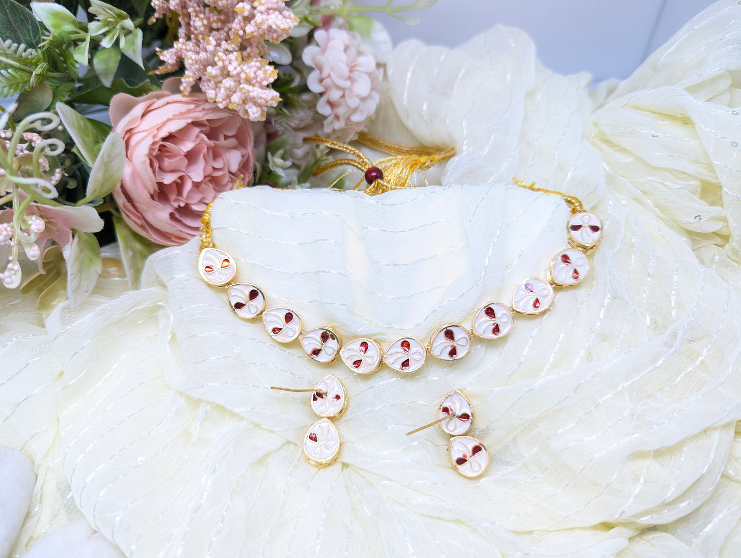 Timeless Kundan Teardrop Necklace Set with Meenakari work in Gold Finish