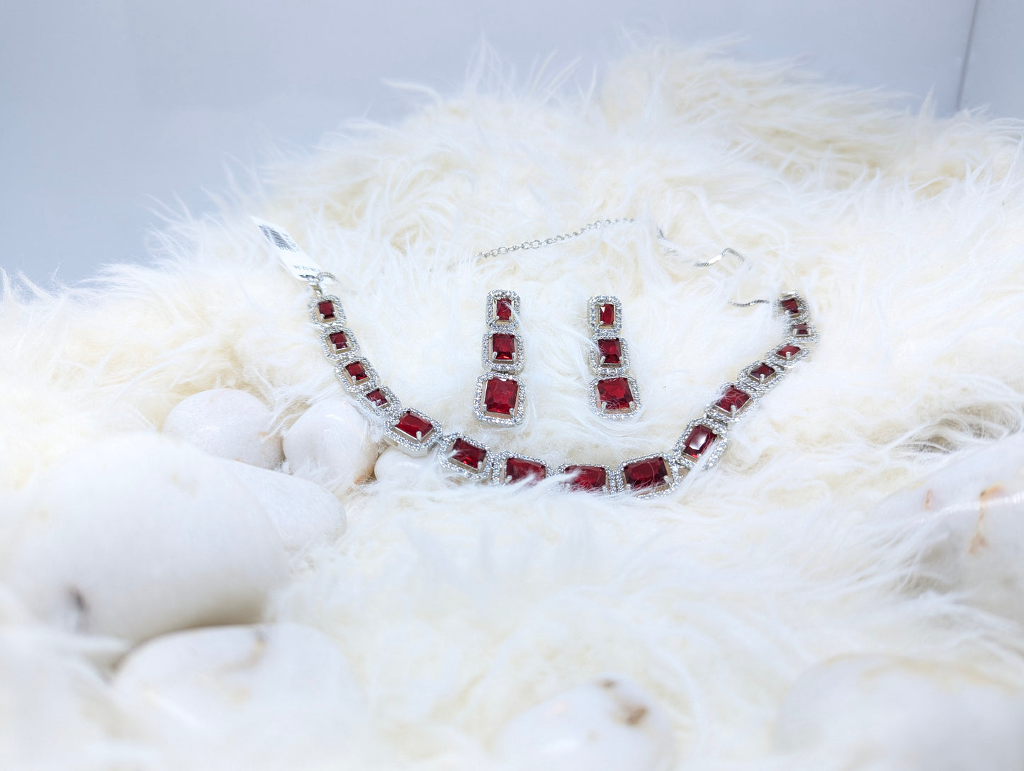 Luxurious Ruby Red American Diamond Necklace Set in Silver Finish
