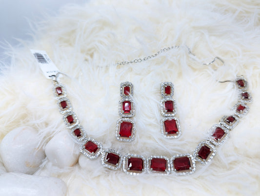 Luxurious Ruby Red American Diamond Necklace Set in Silver Finish