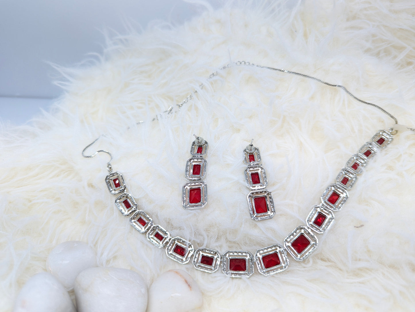 Luxurious Ruby Red American Diamond Necklace Set in Silver Finish