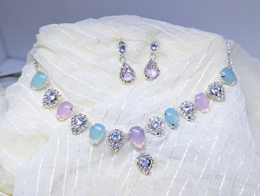 Elegant Pastel Korean Necklace & Earring Set with Sparkling Crystals