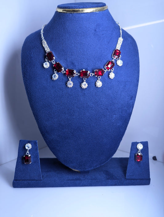 Royal Red Emerald-Cut Stone Korean Necklace Set with Sparkling Glass stones