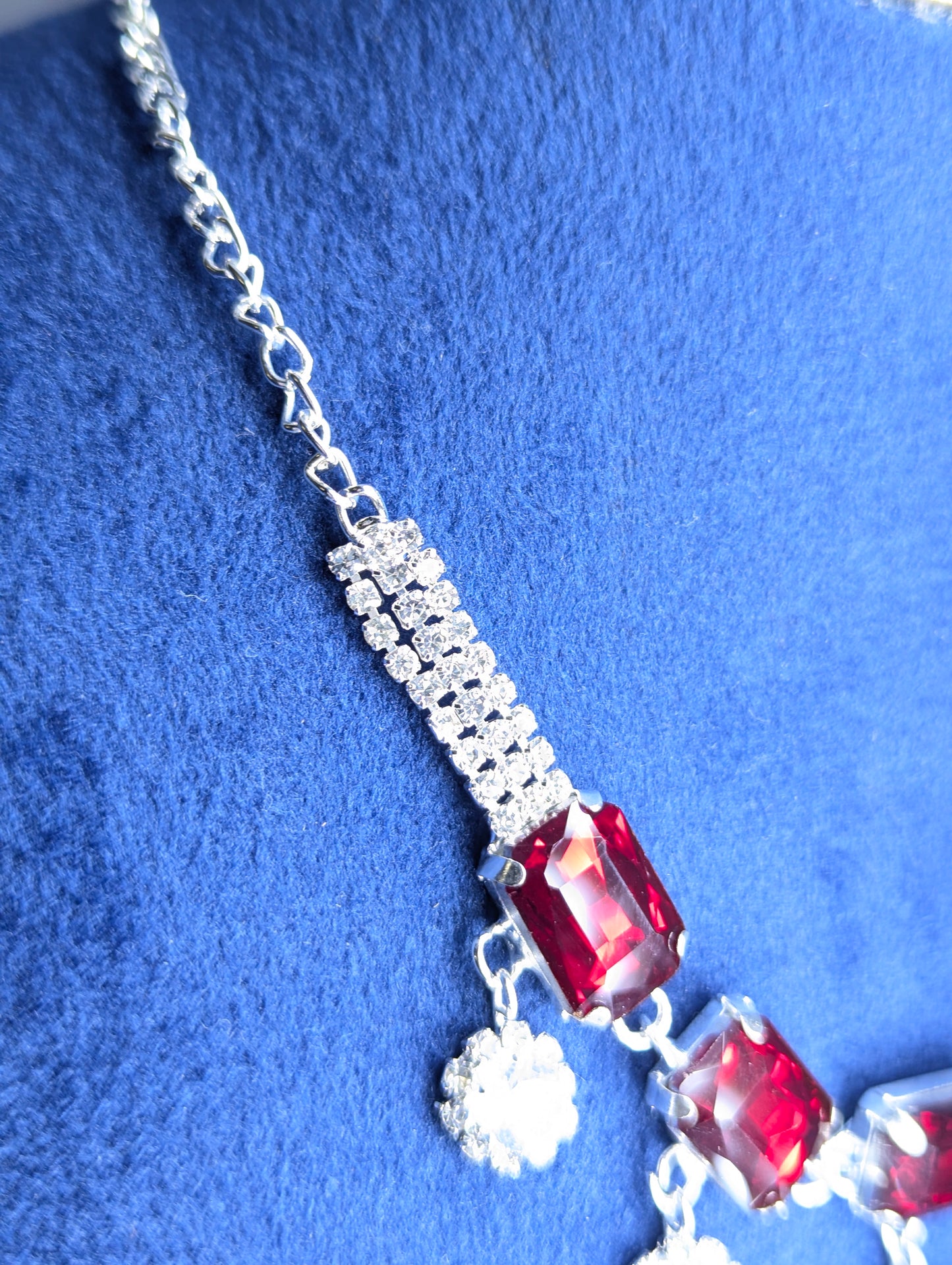Royal Red Emerald-Cut Stone Korean Necklace Set with Sparkling Glass stones